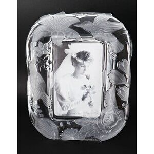 Vintage Crystal Picture Frame Clear Frosted Glass Birds Flowers Tall